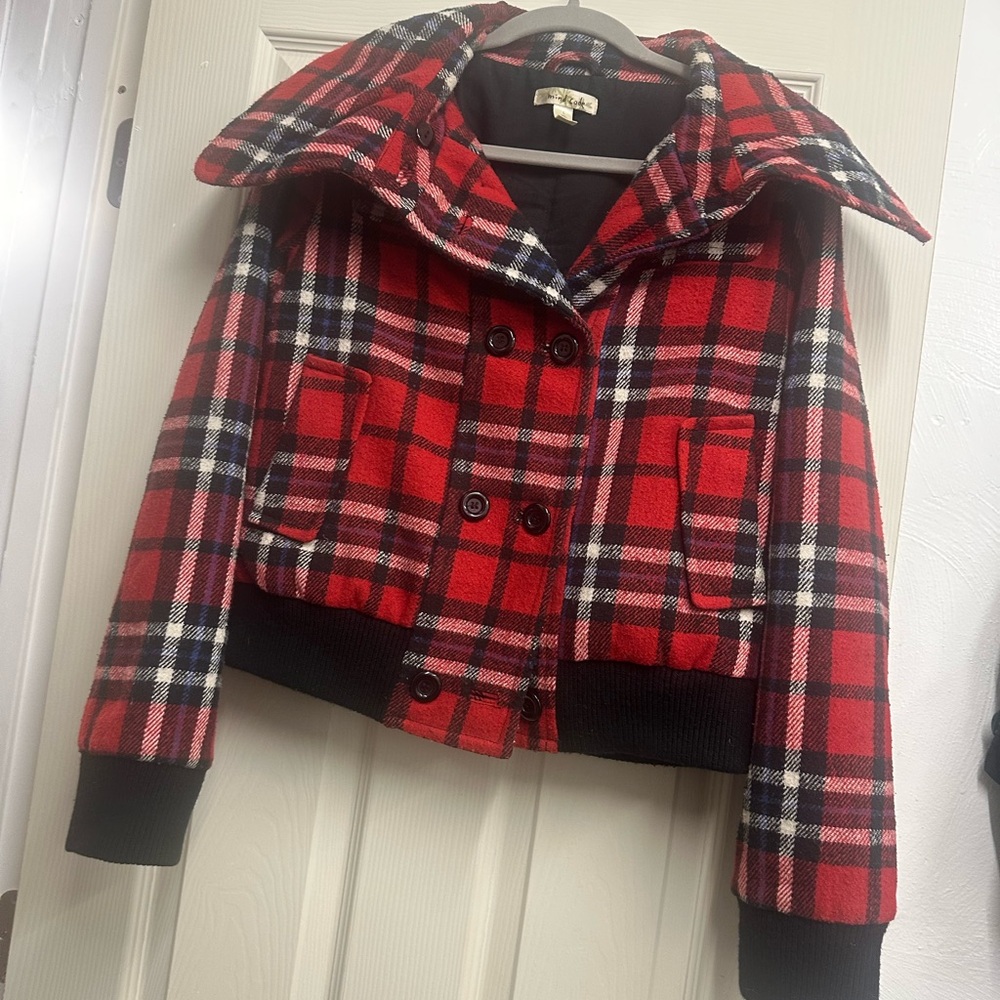 Red Plaid Double-Breasted Collared Barn coat